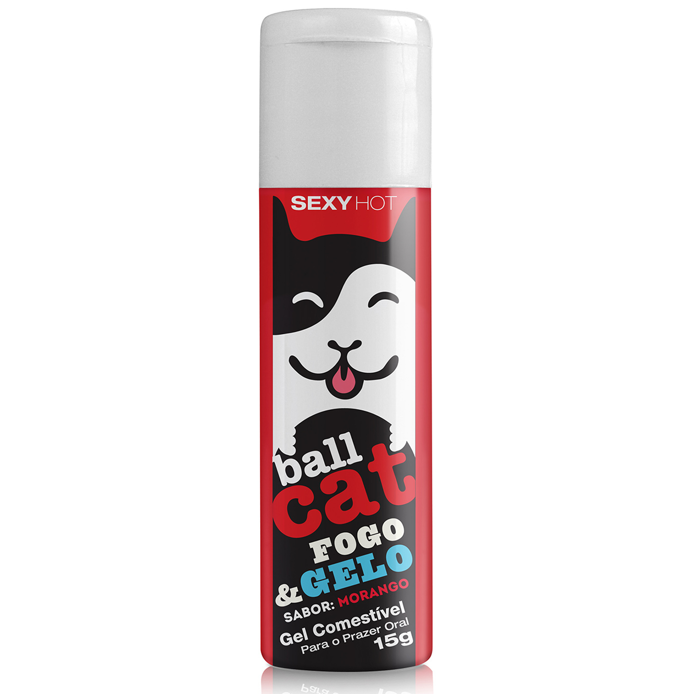 Gel para Sexo Oral Ball Cat Fogo e Gelo Morango, frasco com arte de gato e sabores indicados