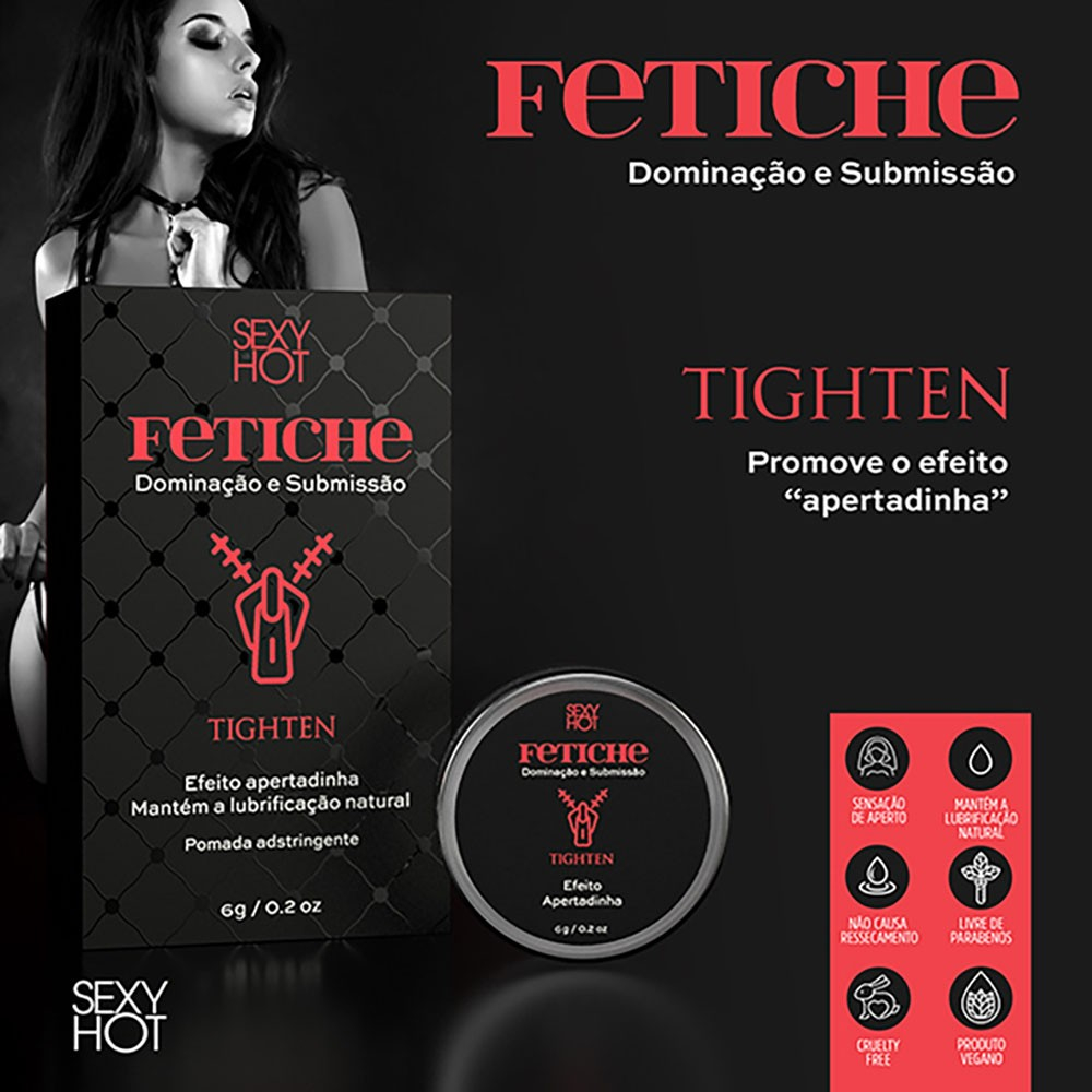 Gel Adstringente em Pomada Tighten 6g e sua embalagem, com imagem de modelo ao fundo e �cones indicando 