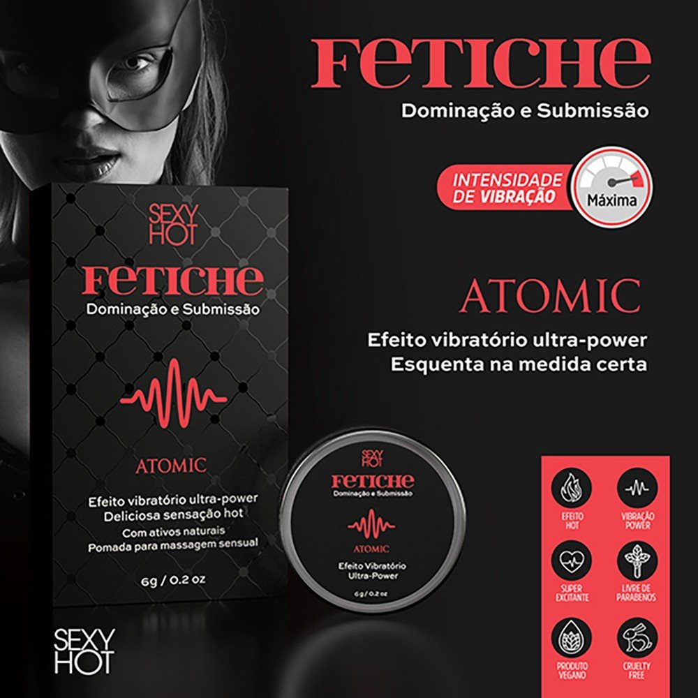 Gel Excitante Unissex em Pomada Esquenta e Vibra Atomic - destaque da embalagem de metal e ilustra��es dos benef�cios como efeito hot, vibra��o power e produto vegano