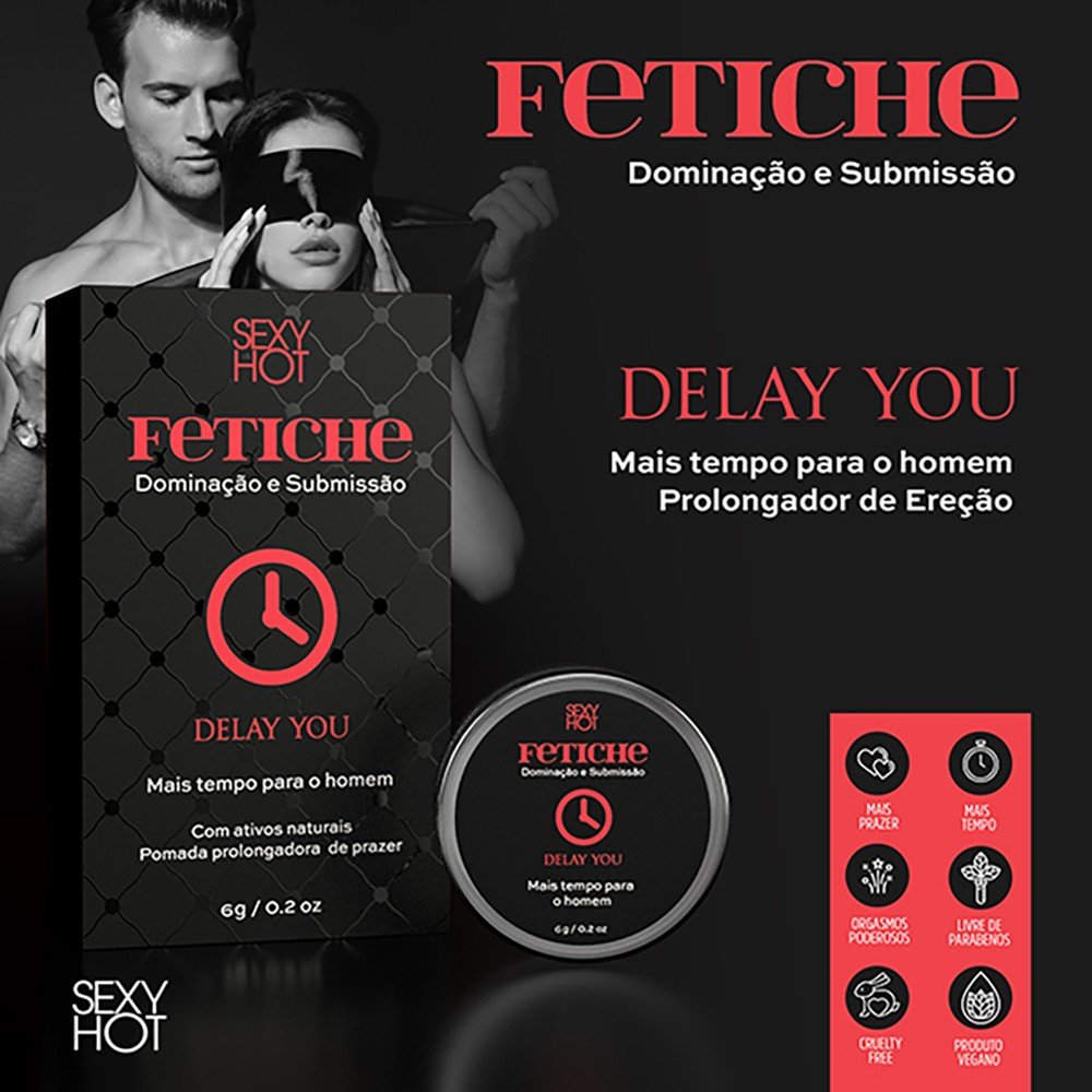 Gel Masculino em Pomada Prolongador de Ere��o Delay You 6g - Embalagem, pomada e informa��es de produto vegano, cruelty free e livre de parabenos.