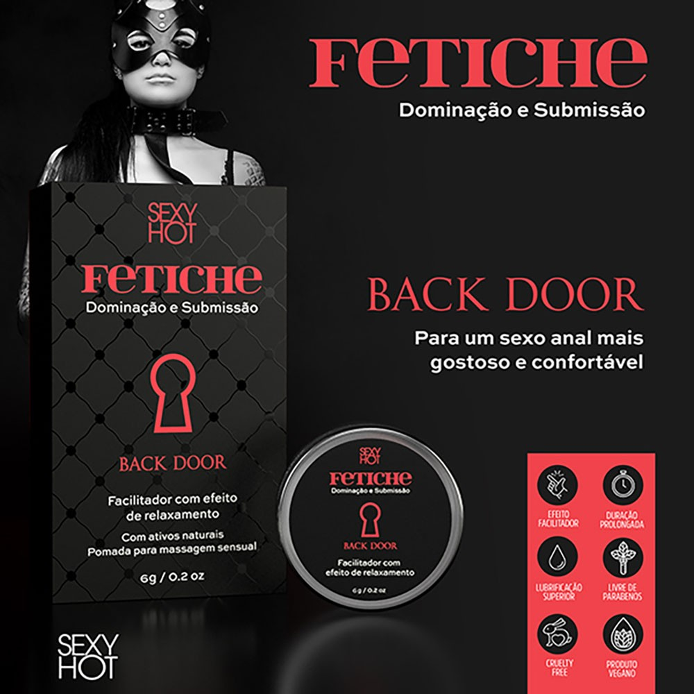 Caixa e pote de pomada Back Door, com 6g, apresentando o selo 'Livre de Parabenos' e 'Produto Vegano'