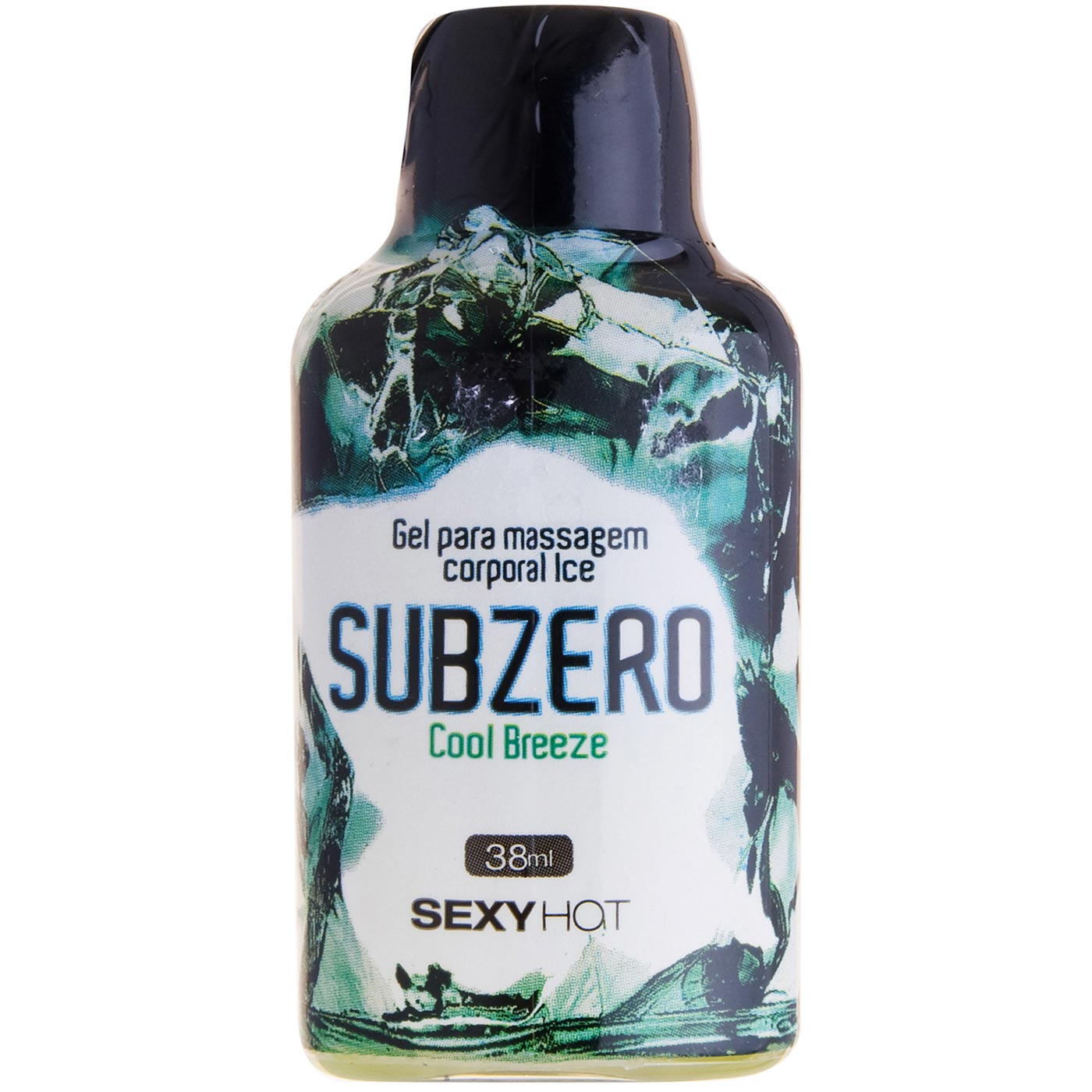 Gel Massageador Ice Subzero Cool Breeze, frasco de 38ml, embalagem preta e verde com efeito de gelo, da marca Sexy Hot Cosm�tico