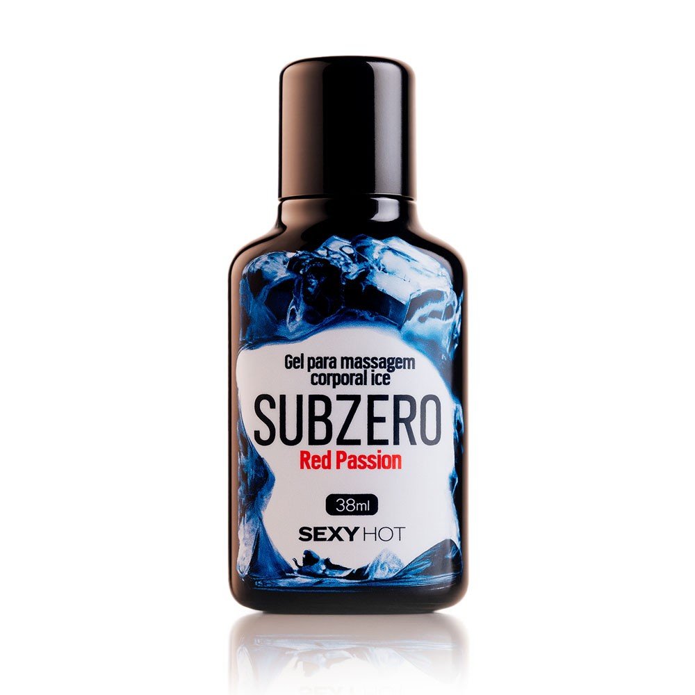 Gel Massageador Ice Subzero Red Passion, com o frasco e o r�tulo em evid�ncia. A garrafa azul escura tem um r�tulo branco e vermelho com a marca SUBZERO RED PASSION e o volume de 38ml.
