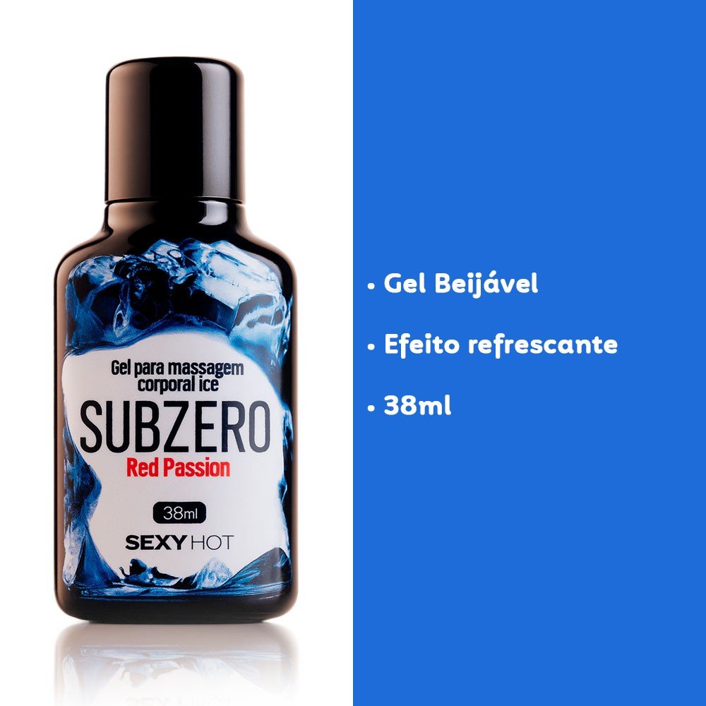 Gel Massageador Ice Subzero Red Passion, com o r�tulo destacando sua a��o beij�vel e efeito refrescante.
