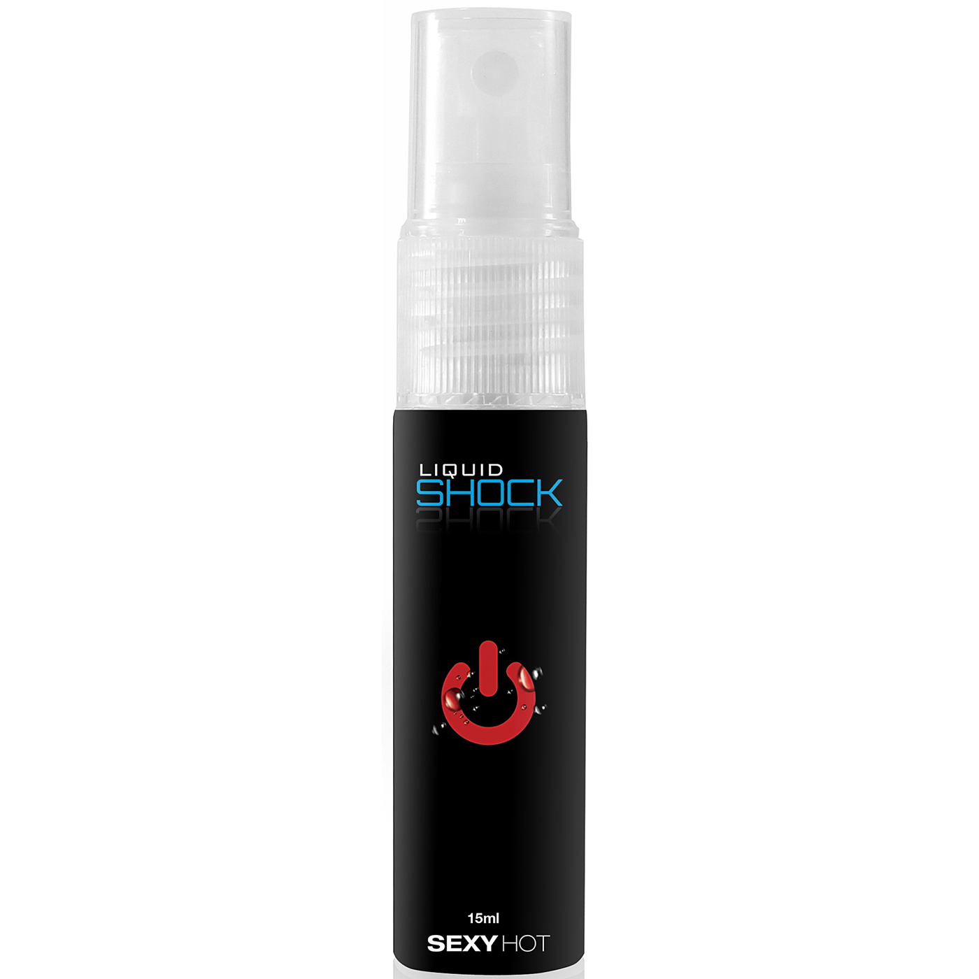 Excitante Unissex Liquid Shock Sexy Hot, frasco preto com detalhes em azul e vermelho, spray de 15ml