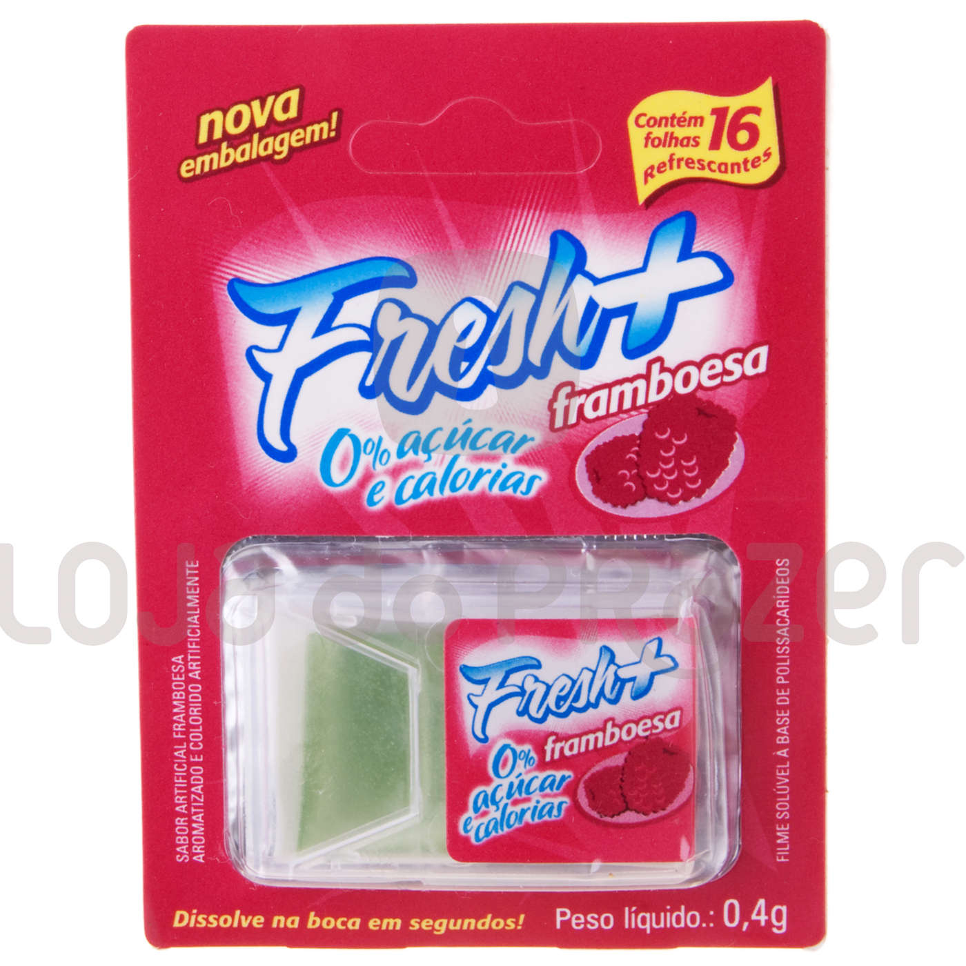 Embalagem da L�mina Bucal Fresh mais Framboesa, mostrando 16 unidades, 0% a��car e calorias, sabor framboesa
