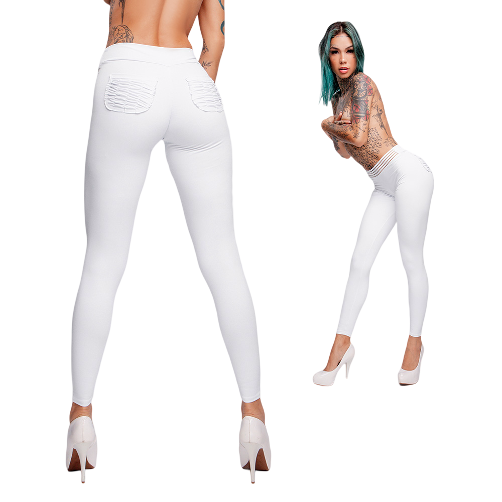 Cal�a Sensual Sexy em Suplex Poliamida Levanta Bumbum com Bolso Atr�s e C�s de El�stico Branco | Foto 02