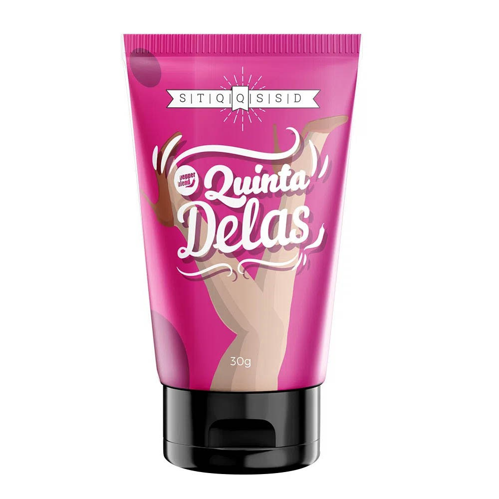 Embalagem do Gel para Sexo Oral Comest�vel Quinta-Delas Sabor Morango com Lichia 30g, com design em tons de rosa e ilustra��o de pernas femininas