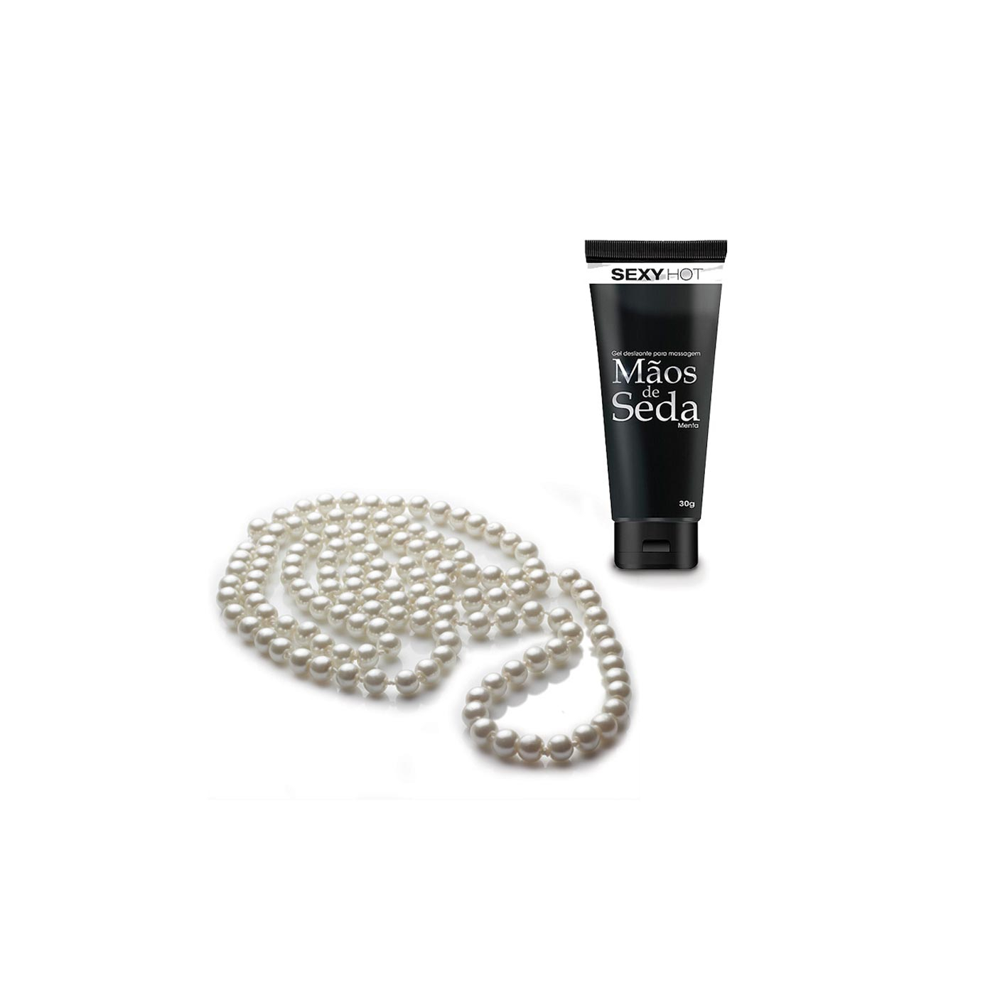 Colar P�rolas & Gel M�os Seda Massagem Sensual: p�rolas espalhadas com embalagem do gel