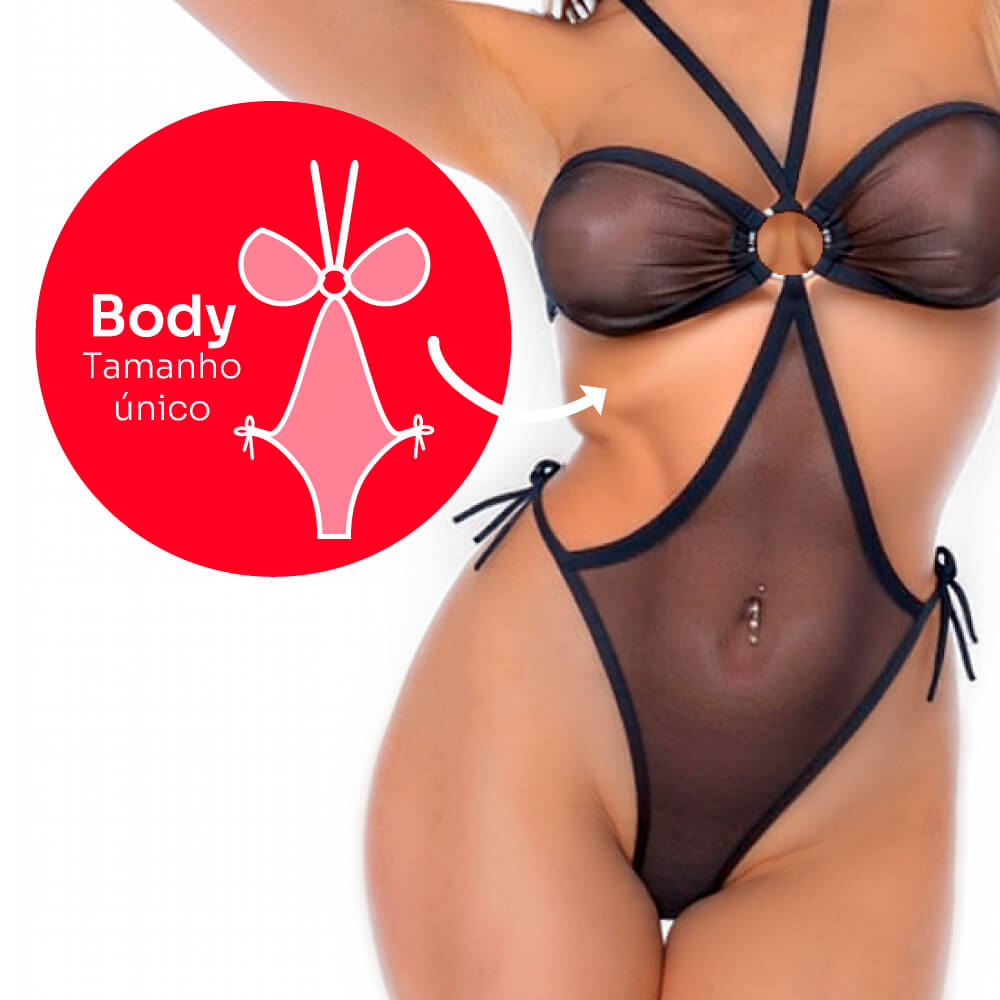 Body Fio Dental Sexy Preto em Tule de Amarrar - Detalhe do busto e al�as, mostrando o tule e os an�is de conex�o