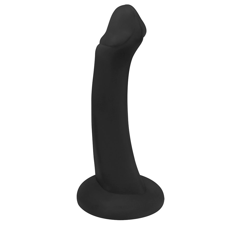 P�nis de borracha com base na cor preta, mostrando a curvatura do corpo e a base para fixa��o.