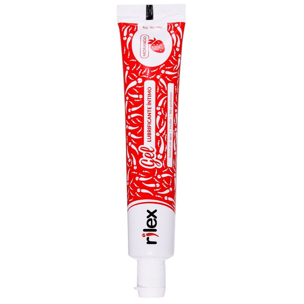 Lubrificante �ntimo Rilex Morango - tubo flex�vel com design em vermelho e branco, evidenciando o sabor