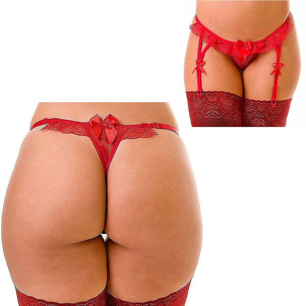 Calcinha String em Renda Transparente com Babadinho e Liga na Frente Vermelha | Foto 03
