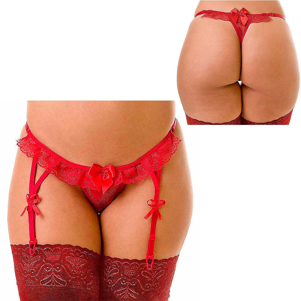 Calcinha String em Renda Transparente com Babadinho e Liga na Frente Vermelha | Foto 04