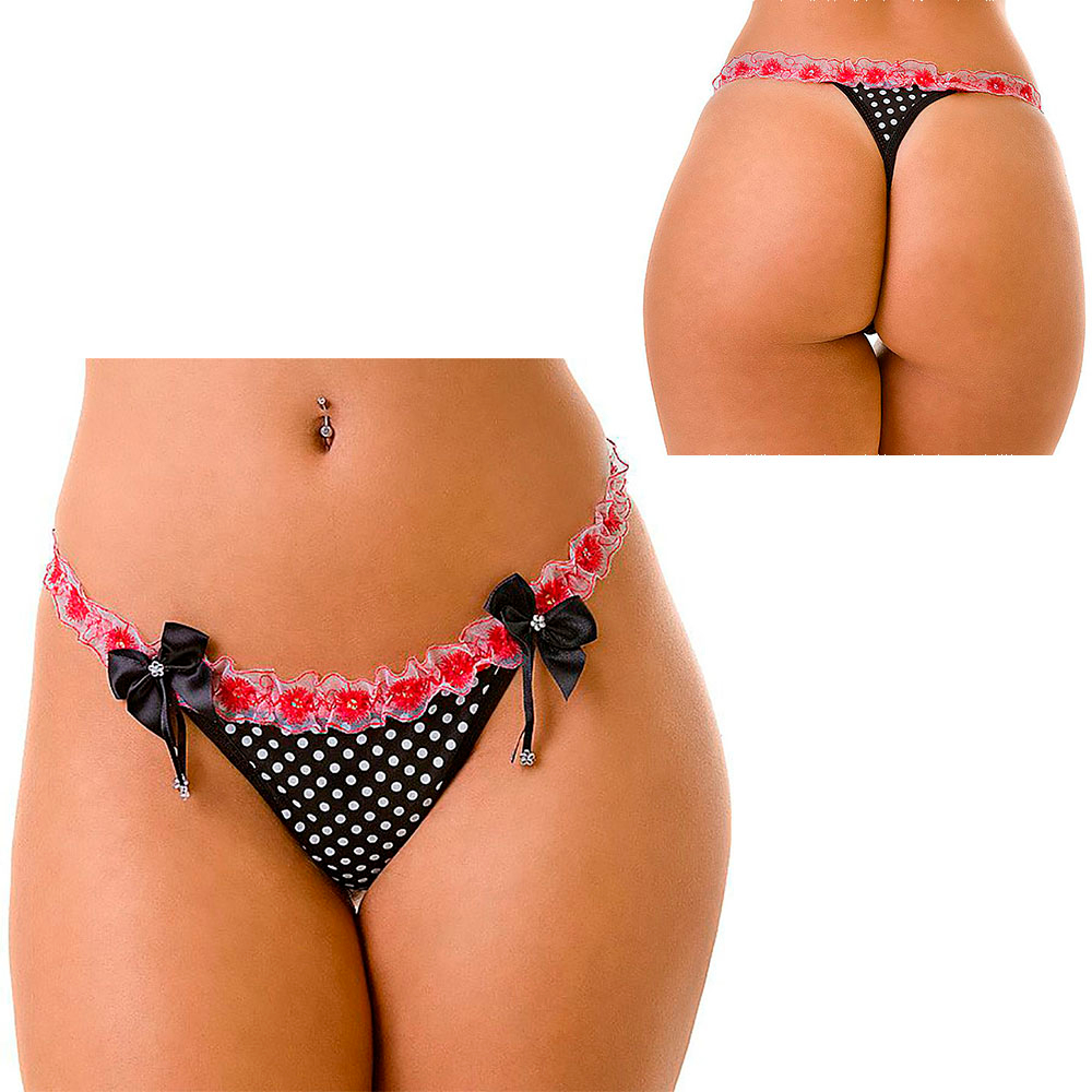 Calcinha String com Babadinho e Lacinhos em Algod�o Preta com Bolinhas Brancas | Foto 03