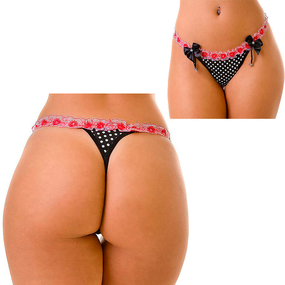 Calcinha String com Babadinho e Lacinhos em Algod�o Preta com Bolinhas Brancas | Foto 04