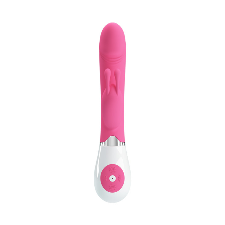 Vibrador Duplo com Estimulador Coelho, Ponta em Formato de Glande Gene Pink em vista frontal