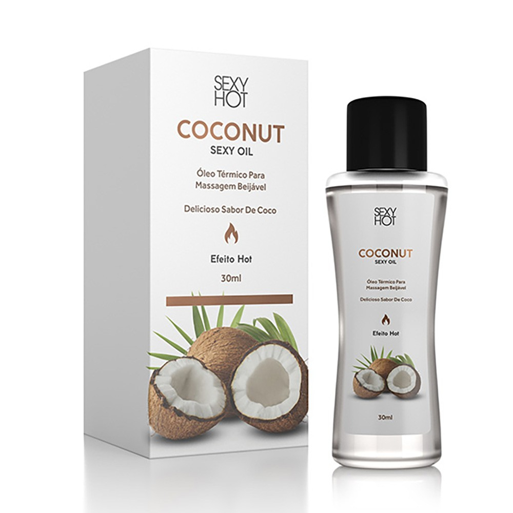 �leo para Massagem Beij�vel Que Esquenta Coconut Sexy Oil C�co 30ml, frasco e embalagem