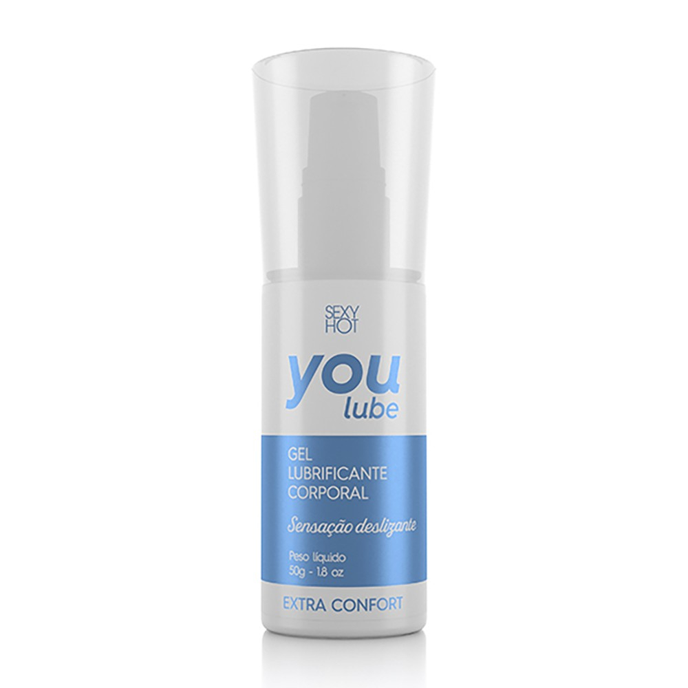Gel para Sexo Anal Lubrificante Sensa��o Deslizante Extra Confort Youlube 50g em embalagem branca e azul com o logo Youlube e indica��o de gel lubrificante corporal, sensa��o deslizante e extra confort.