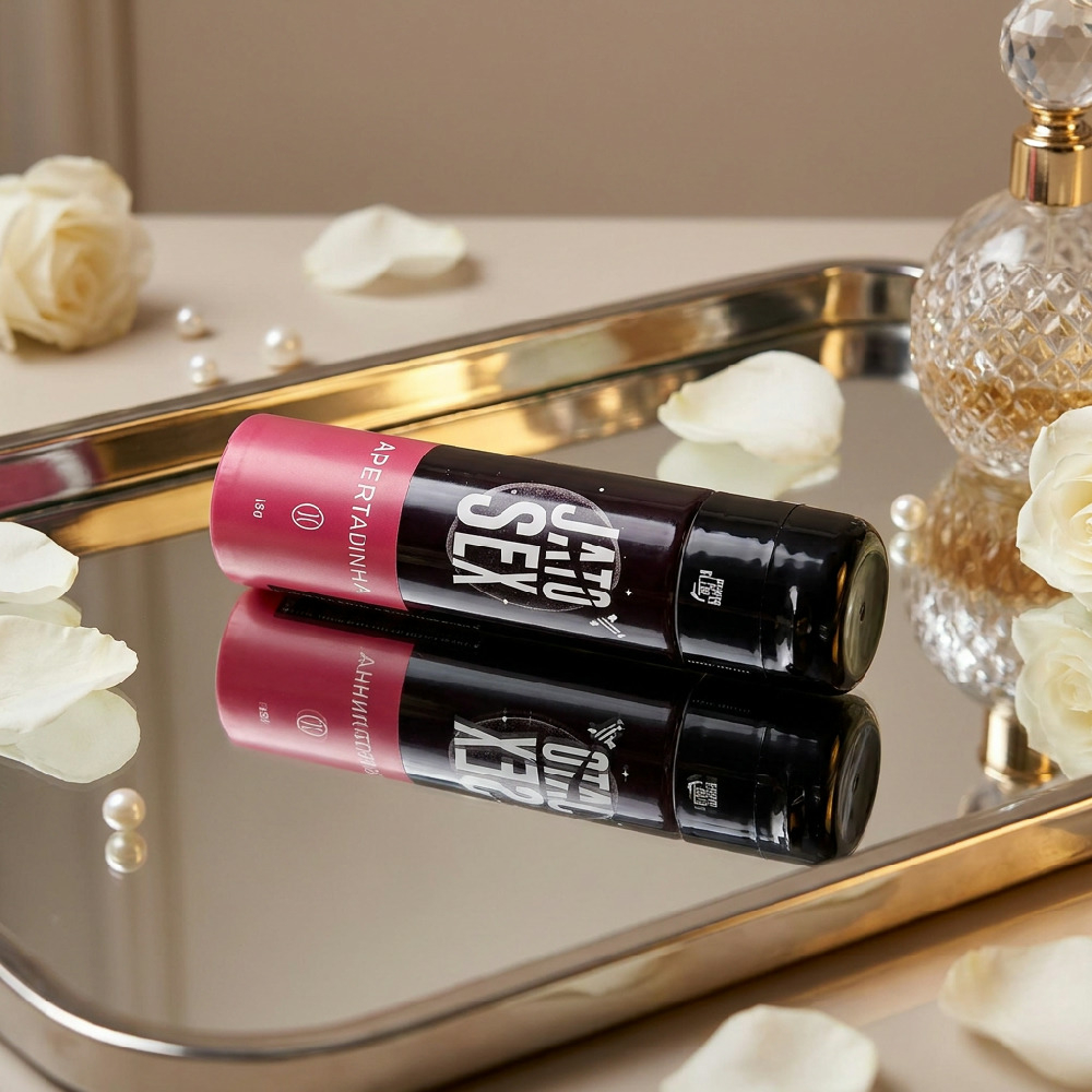 Gel Adstringente Comest�vel Jato Sex Apertadinha deitado sobre espelho, refletindo sua embalagem, com p�talas de rosa e p�rolas ao redor, destacando seu aspecto sensual