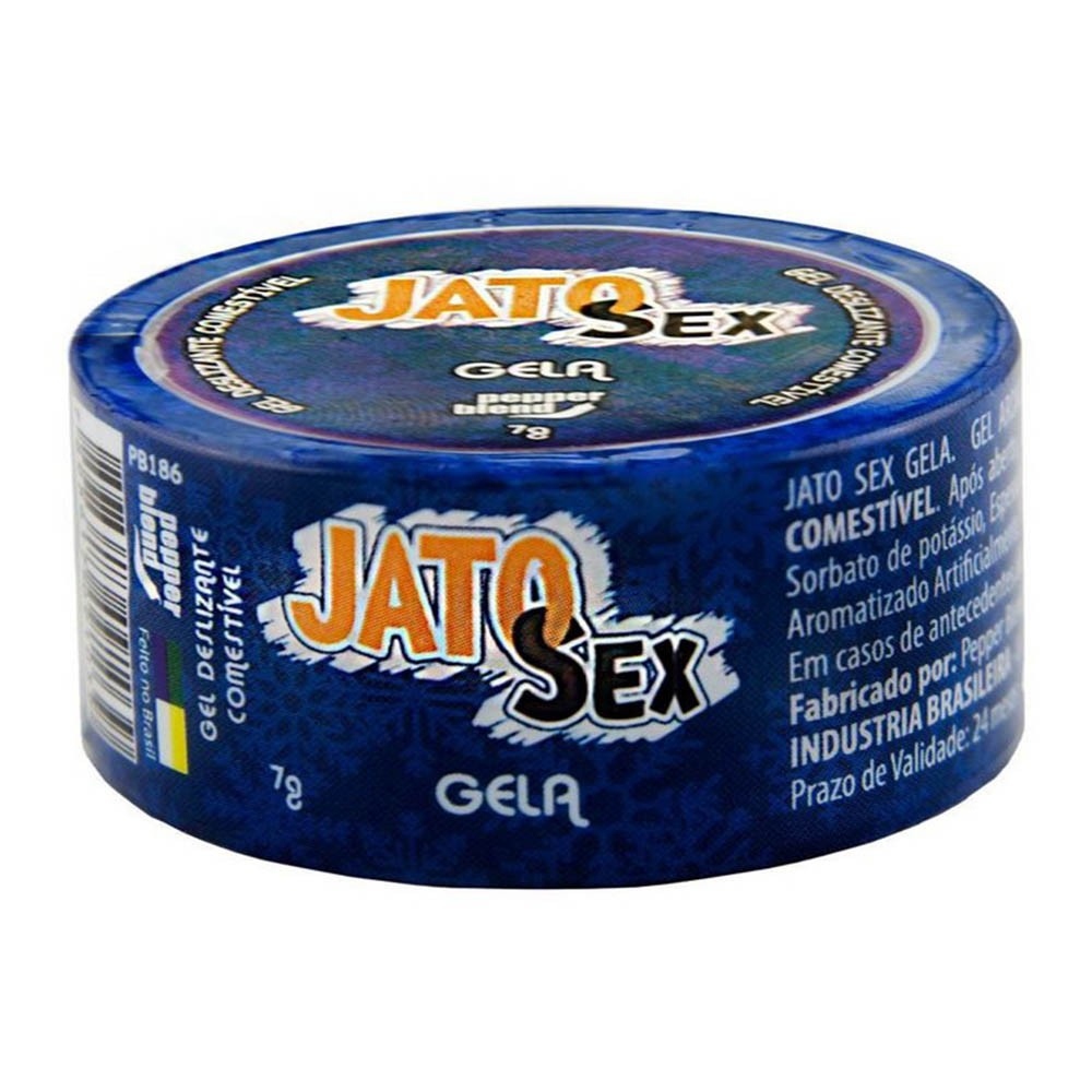 Gel Retardante Comest�vel Jato Sex Slow, vista lateral do pote azul com r�tulo vibrante