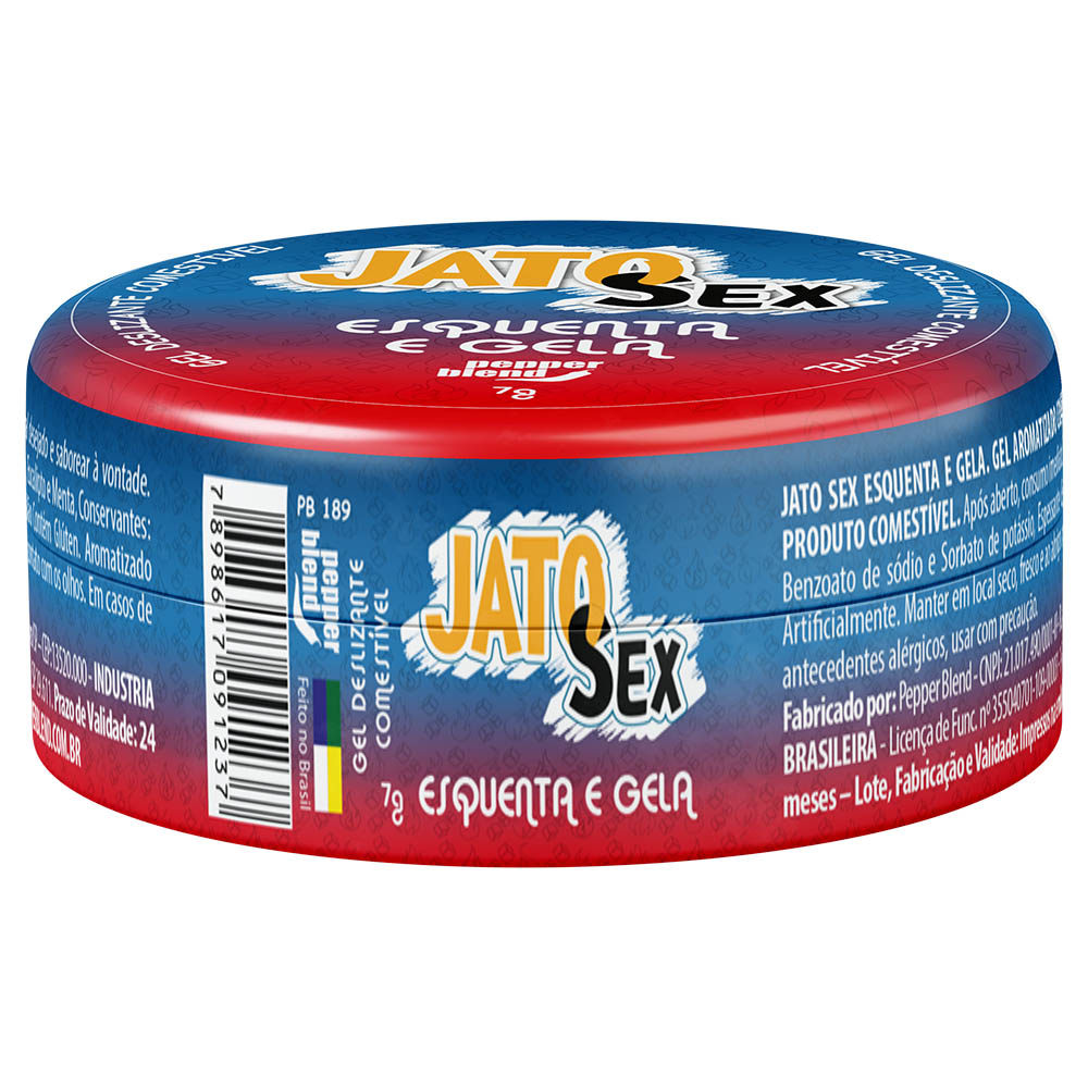 Embalagem do Gel para Sexo Oral Jato Sex Esquenta e Gela, design redondo e cores vermelho e azul