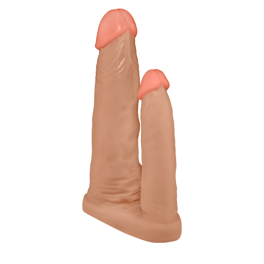 P�nis Duplo para 2 Penetra��es em PVC Flex�vel At�xico na cor bege, em perspectiva que mostra ambas as hastes e a base s�lida