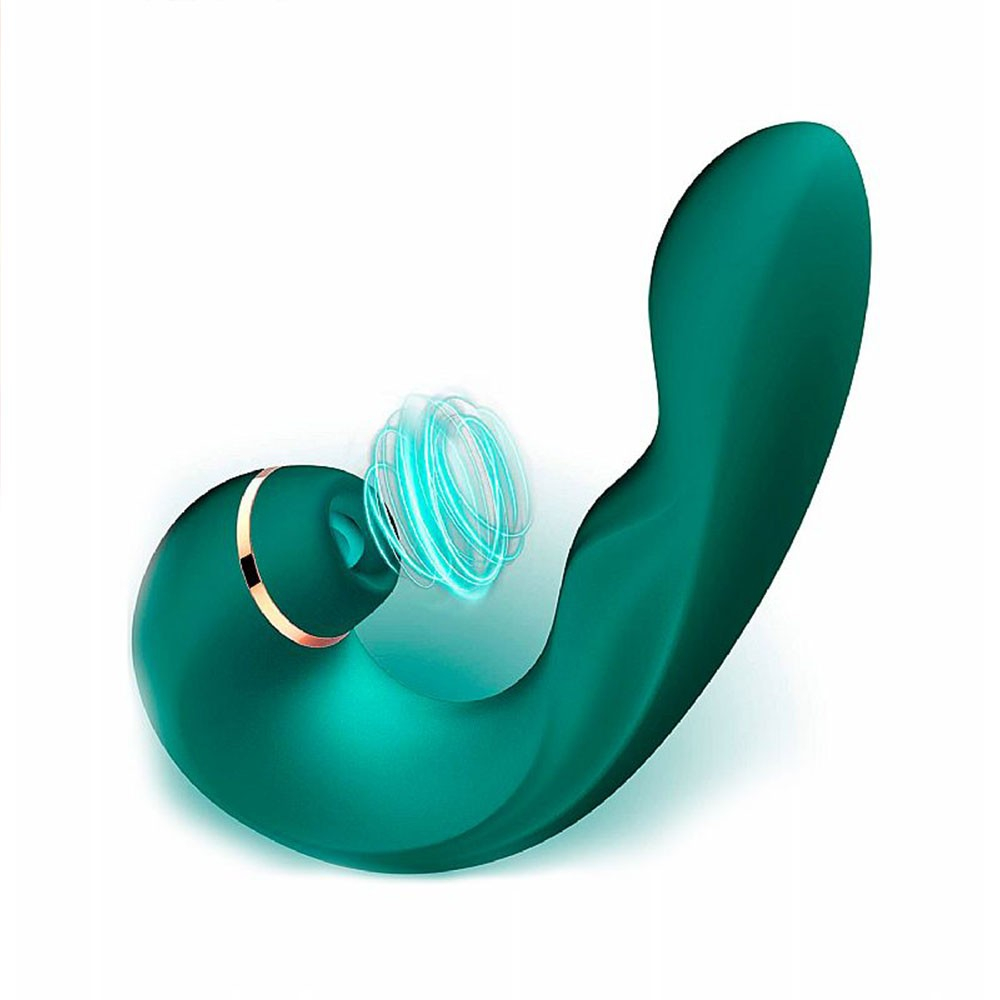 Vibrador Duplo em Silicone Recarreg�vel Mappy Hour Verde em detalhe, mostrando o bico sugador e a haste curva.