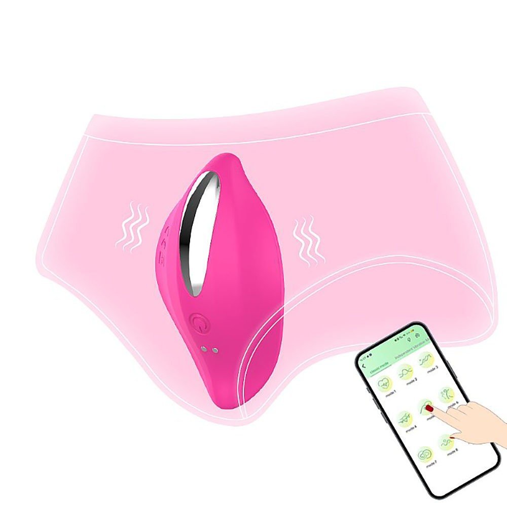 Vibrador para Clit�ris em Silicone Recarreg�vel 9 Vibra��es Controle por App Pink | Foto 02 - Vibrador rosa em formato de p�tala, mostrando design ergon�mico no interior de uma calcinha, com fuma�a indicando vibra��o e celular ao lado controlando o aparelho.
