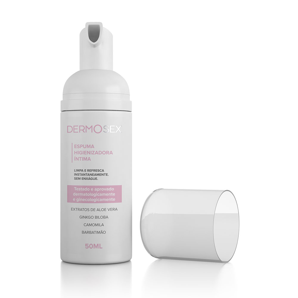 Espuma Higienizadora para Vagina e �nus 50ml DERMOSEX, frasco deitado com a tampa transparente ao lado