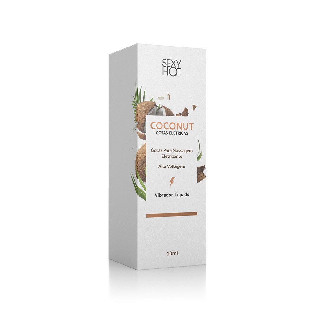 Vibrador L�quido Gotas El�tricas Coconut 10ml, embalagem e frasco