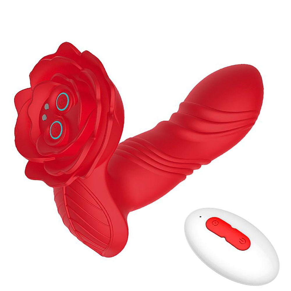 Vibrador Duplo em Silicone Vermelho, com formato de rosa na base e ponta texturizada, acompanhado pelo controle remoto