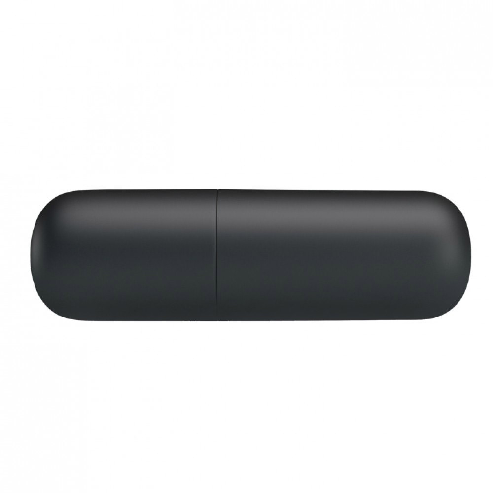Vibrador Bullet Mini Preto com 12 Vibra��es em formato de capsula, vista acompanhado da embalagem