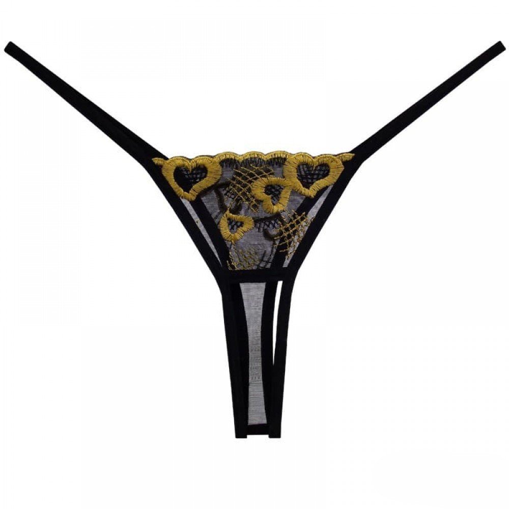 Calcinha String Fio Dental Sexy em Tule e Bordado com Abertura na Vagina Preta com Dourado | Foto 04