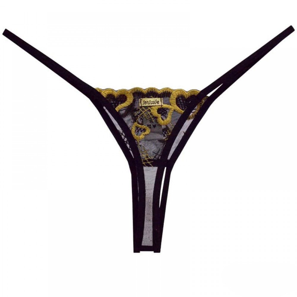 Calcinha String Fio Dental Sexy em Tule e Bordado com Abertura na Vagina Preta com Dourado | Detalhe do bordado dourado e da abertura frontal da calcinha esticada