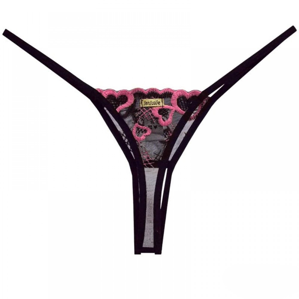 Calcinha String Fio Dental Sexy em Tule e Bordado com Abertura na Vagina Preta com Pink | Detalhe do bordado