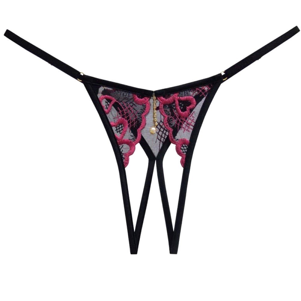 Calcinha String Fio Dental Sexy em Tule e Bordado com Abertura na Vagina Nota Preta com Pink | Foto 04