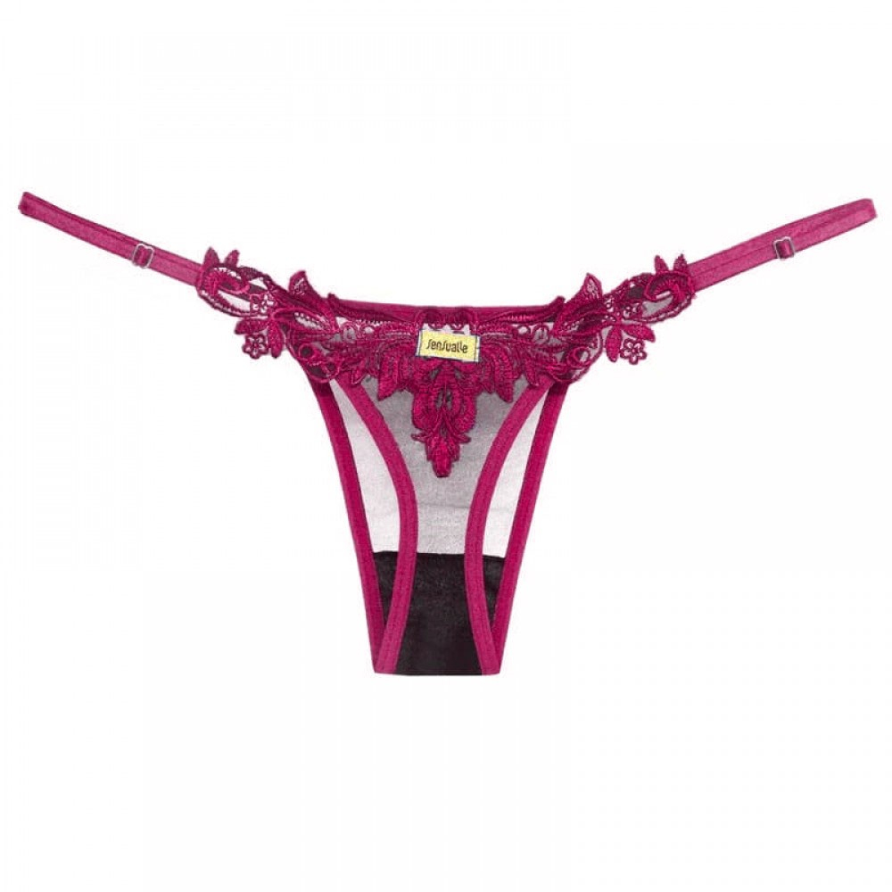Calcinha Fio Dental Sexy em Tule e Bordado Crush Preta com Pink | Detalhe do bordado pink na parte traseira
