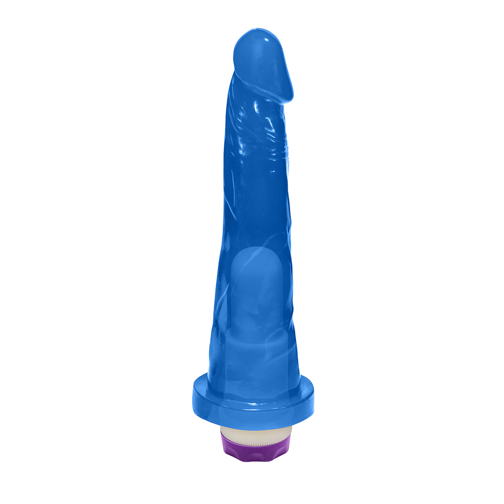 P�nis Jueves com Vibrador Multivelocidade em azul transl�cido, evidenciando o detalhe do vibrador