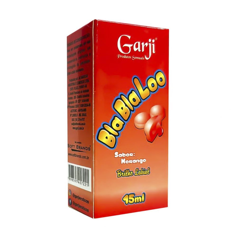 Gel do Beijo Brilho Labial Comest�vel BlaBlaLoo Morango 15ml | Vista da embalagem com informa��es do produto