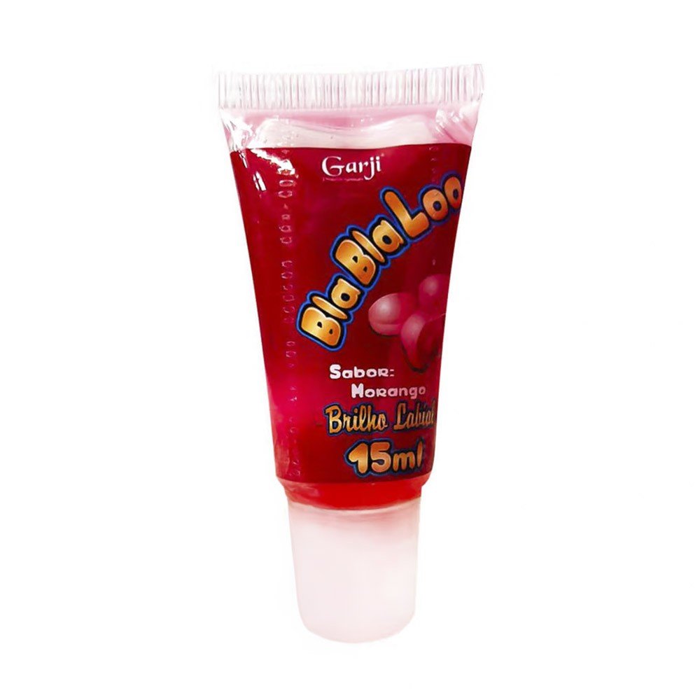 Gel do Beijo Brilho Labial Comest�vel BlaBlaLoo Morango 15ml | Foto do tubo de gel labial, ressaltando o brilho e o r�tulo