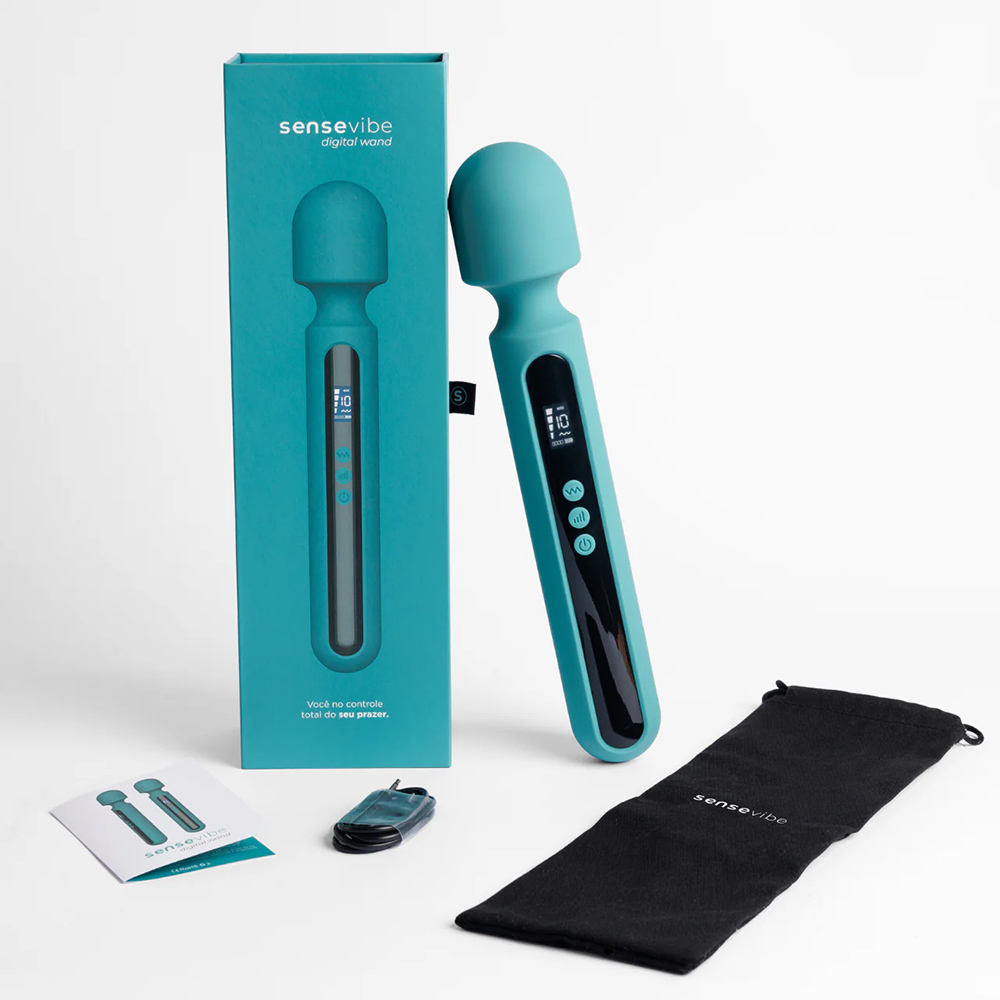 Massageador Er�tico Recarreg�vel em Silicone Visor Digital Wand Cyan e sua embalagem