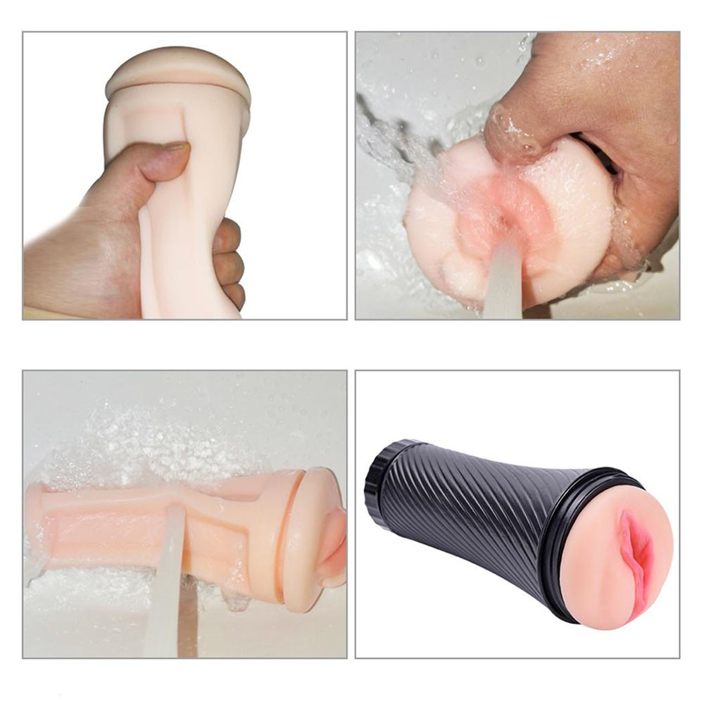 Masturbador Vagina Cyberskin Bege com Vibrador disfar�ado de lanterna em uso, com p�nis inserido