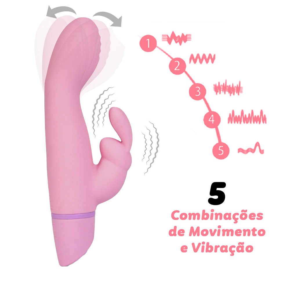 Vibrador duplo rosa com fun��o mexer o dedo em a��o, mostrando movimentos de vibra��o e oscila��o
