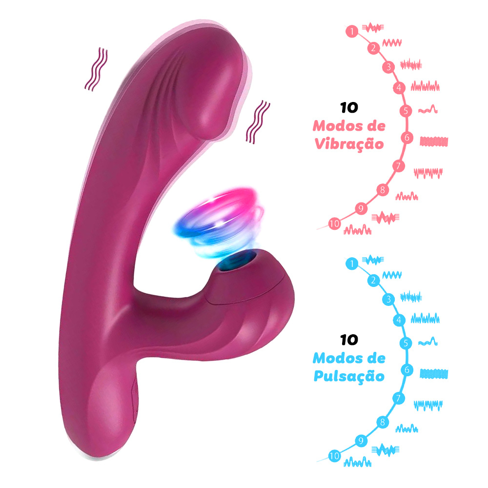 Vibrador duplo recarreg�vel rosa em a��o, ilustrando a estimula��o do Ponto G e Clit�ris.