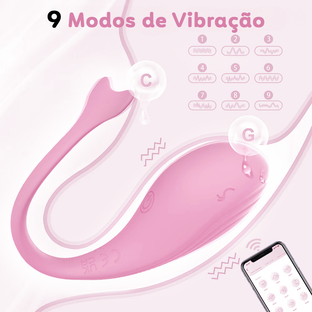 Vibrador Discreto Recarreg�vel em Silicone com 9 Vibra��es e Controle por APP Whale Rosa | Vista frontal mostrando os 9 modos de vibracao