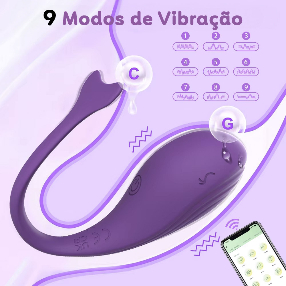 Vibrador Discreto Recarreg�vel Whale Roxo, com 9 modos de vibra��o em destaque e indica��o de uso nos pontos C e G