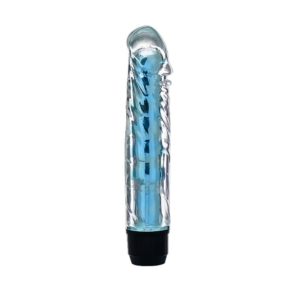 Vibrador Personal Multivelocidade com Capa Formato de P�nis em Silicone Jenny Azul em destaque ao lado da caixa