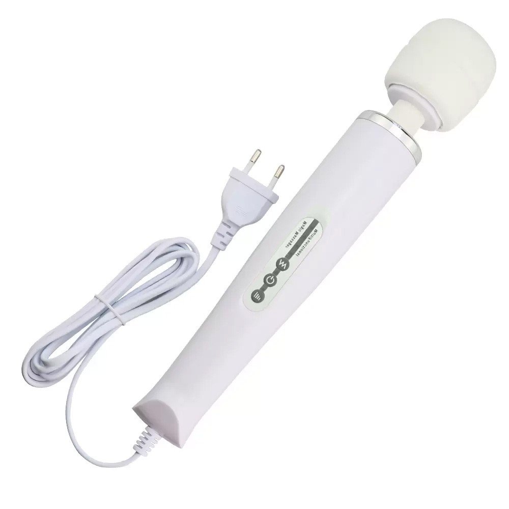 Massageador Er�tico El�trico Magic Wand Bivolt Branco com cabo e plugue de tomada em destaque
