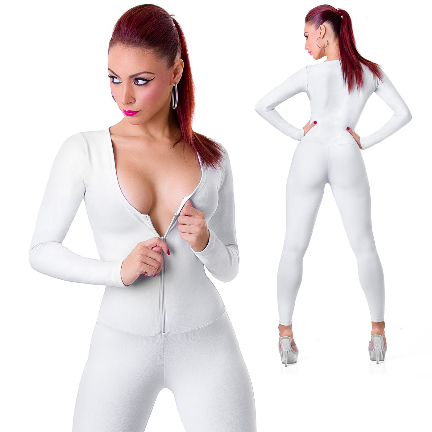 Macac�o Sensual em Suplex Poliamida Branco, com modelo abrindo o z�per frontal